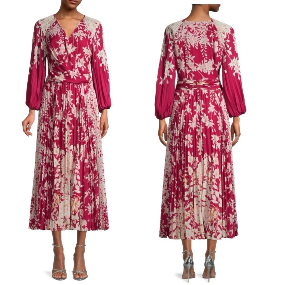 KOBI HALPERIN Ariella Flowy Floral Long Sleeve V Nexk Pleated A-line Midi Dress
